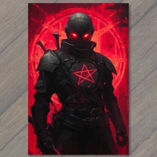Art Print Red Eyed Warrior Pentagram Chest Black Armor Swords Dark Fiery Glow