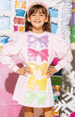 QUEEN OF SPARKLES Pale Pink Metallic Multicolor Sequin Bow Sweatshirt Dress