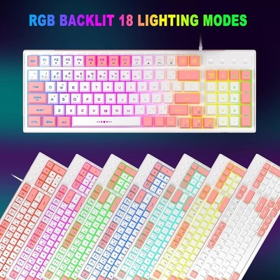 MageGee 96 Keys Wired Keyboard GT860 RGB Backlit USB Gaming Pink White Keycaps