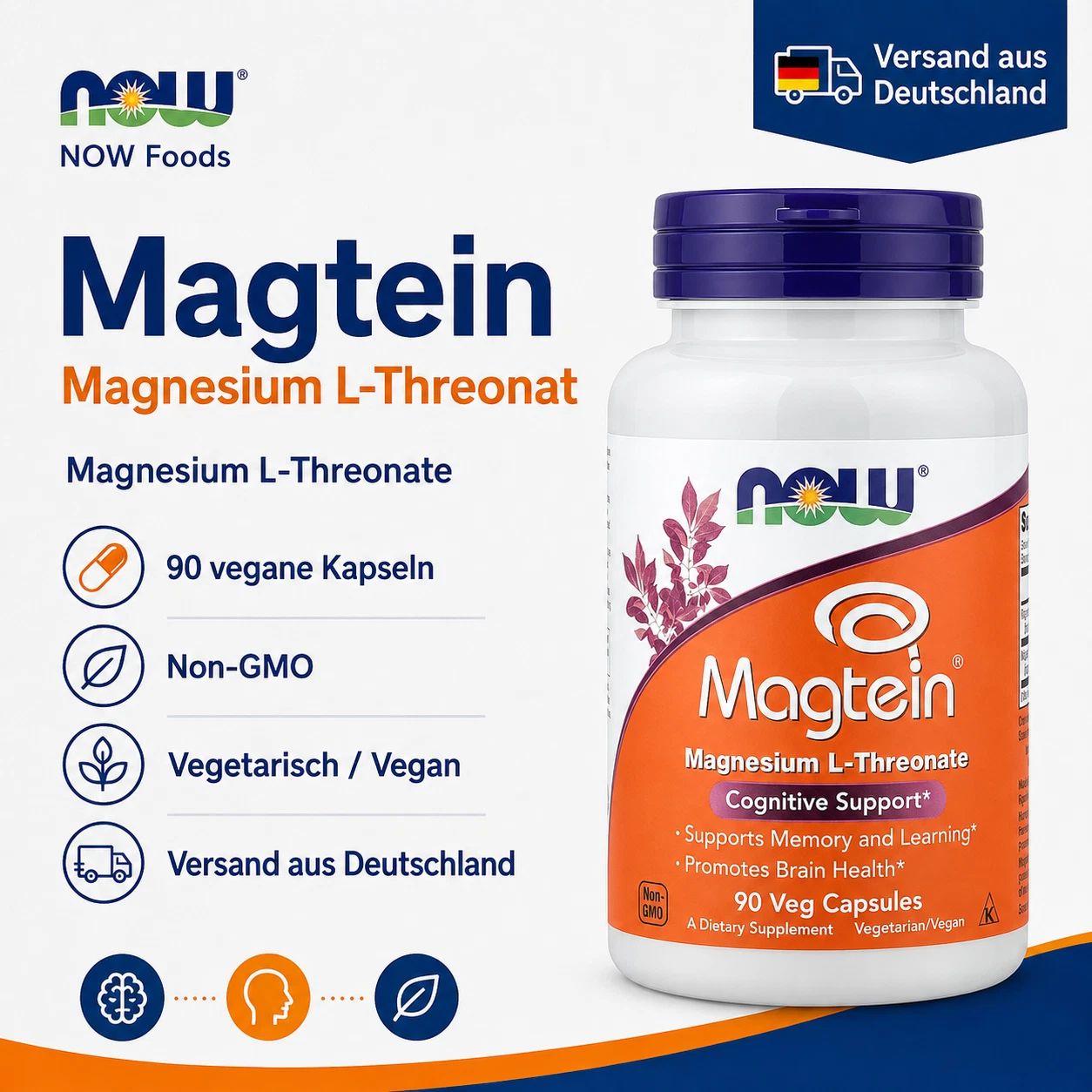 NOW Foods Magtein Magnesium L-Threonate 90 vegane Kapseln