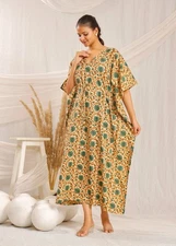 Block Print Resort Kaftan Lightweight Cotton Pool Dress Floral Printed Kaftan