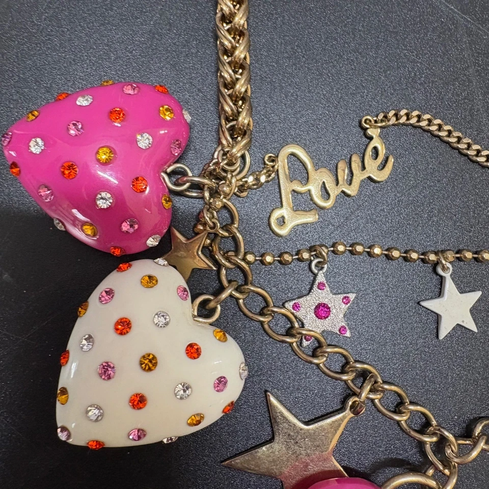 RARE Y2K Betsey Johnson Sweetie Pie Puffy Lucite Heart Necklace Pink Rhinestone - Image 3 of 4