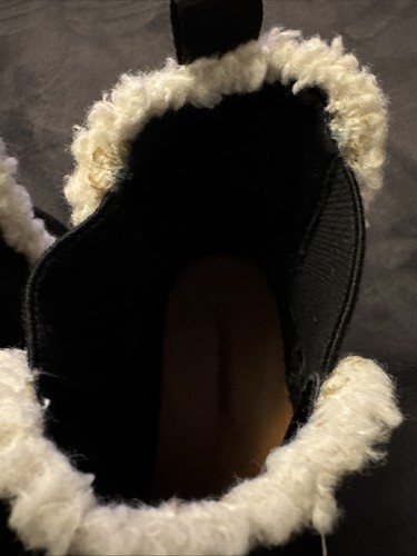 LUCKY BRAND~Laycia~BLACK~slip-on~LEATHER~flat~ANKLE BOOTIES~fur trim~BOHO~sz 8M - Picture 7 of 9