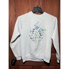 VTG Morning Sun Granny Crewneck Gray Two Birds Blue Flowers Graphic XL Pullover