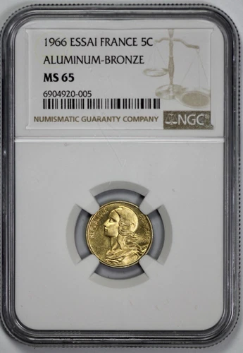 1966 France Essai 5 Centimes NGC MS 65 Aluminum Bronze