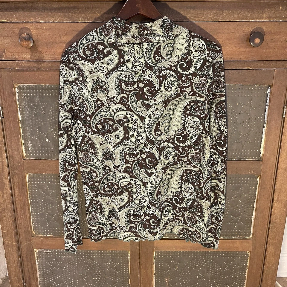 Top Liz Claiborne Mujer L Tejido Verde/Marrón Estampado Lechuga Dobladillo Forrado Cuello Simulado  Foto 2 de 4