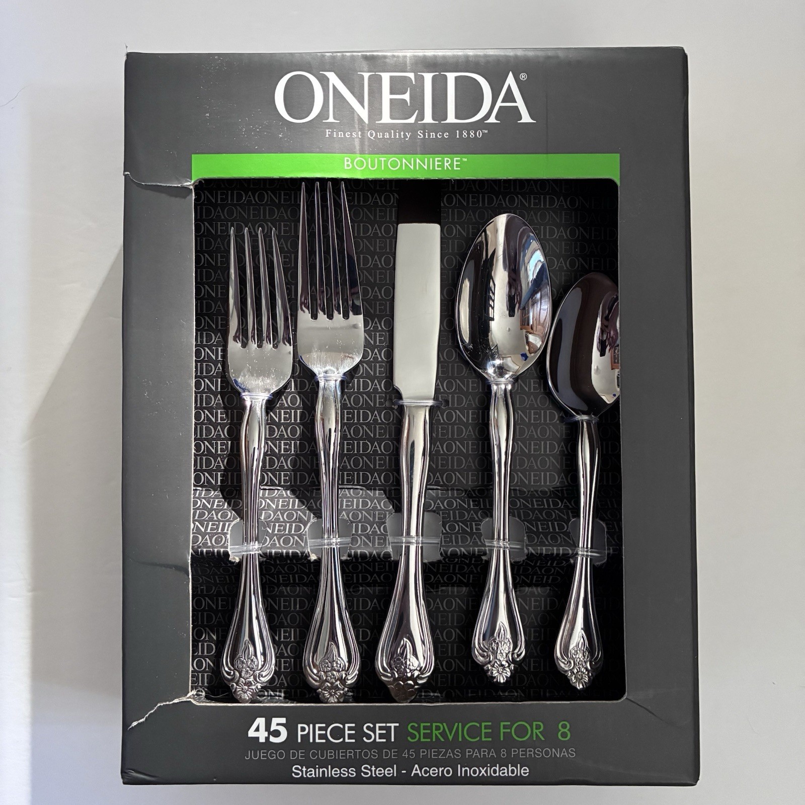 Oneida Boutonniere 45 Piece Everday Flatware, Service for 8, 18/0 Stainless