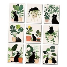 9 Pack Black Cat Potted Plant Unframed Waterproof Canvas Wall Art Decor, Boho