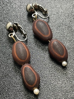 Vintage Wood Nut Faux Pearl Retro Dangle Clip Earrings