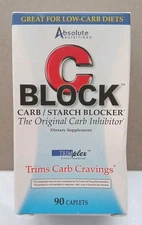 Absolute Nutrition C Block Carb  Starch Blocker 90 Caplets Caffeine-Free Exp2027
