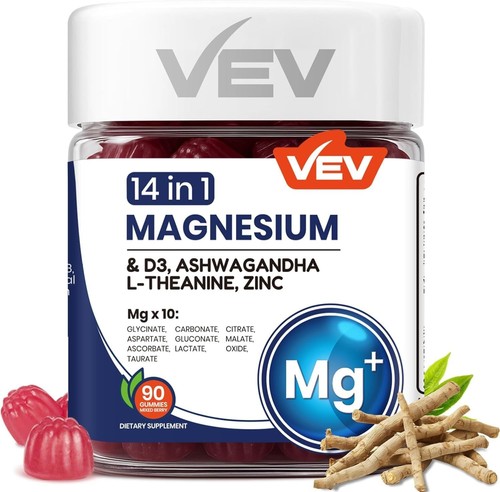 VEV Magnesium Citrate and Glycinate Gummies for Adults 14 in 1 Magnesium D3- and