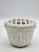 Dept 56 Flower Basket Flower Frog Painted White Small Basket Bowl with Lid