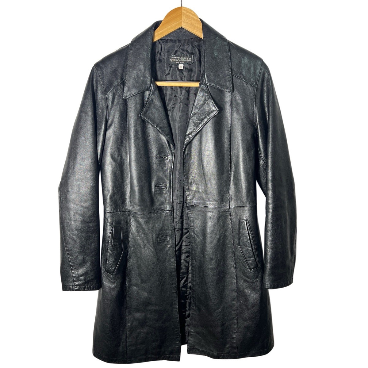 Black Leather Coat Made In Italy Vera Pelle Women's Medium Long
