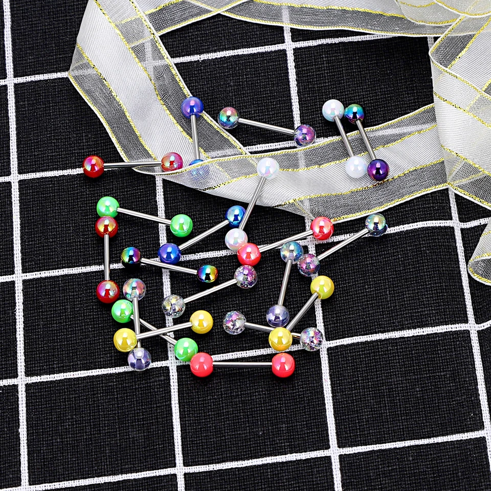 Anillos de lengua de bola coloridos 316L anillo de pezón barra de acero inoxidable barra de 14G 2 piezas Foto 4 de 4