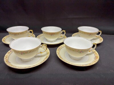 Meito ''RIBBONS & ROSES'' Hand Painted ~ Japan ~ Set of 5 ~ Cups & Saucers ~ 2 1/4