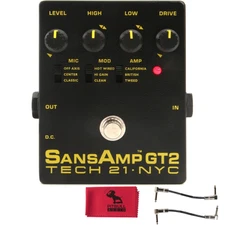 Tech 21 SansAmp GT2 Tube Amp Emulator Pedal w Patch Cables & Pitbull Audio Cloth