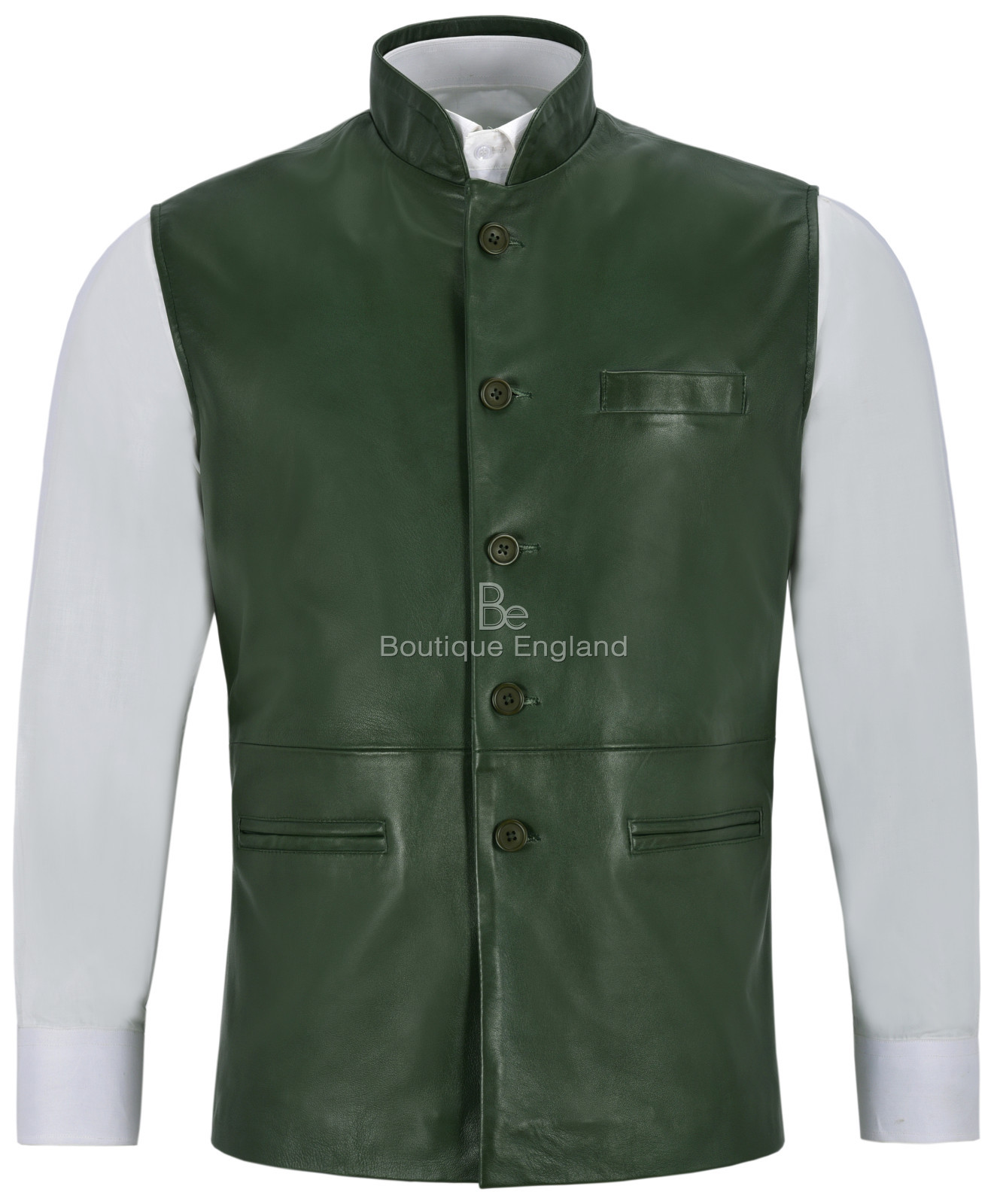 Chaleco de cuero para hombre verde cuello mandarín chaleco étnico indio Real Napa 3946