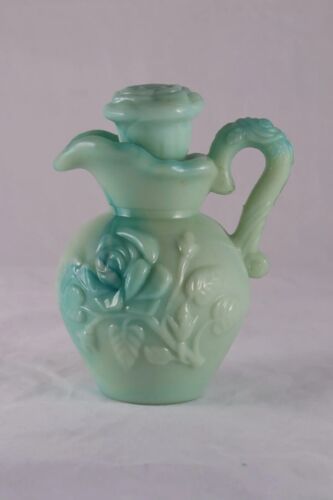 Vintage Avon Moonwind Powder Sachet Green Glass Jar & Bath Oil Pitcher Roses - Afbeelding 1 van 12