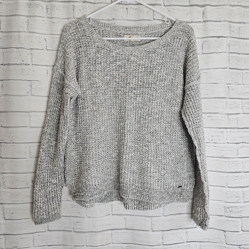 Suéter Pullover Hollister Para Mujer Gris Tejido Talla M Algodón Cuello Redondo Manga Larga