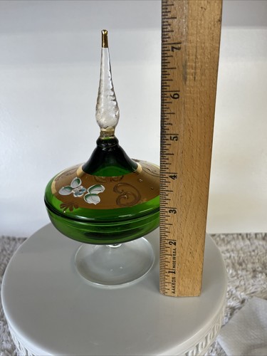 Vintage MCM grün & gold Glas bedeckt Schale auf Sockel, super Zustand - Bild 9 von 12