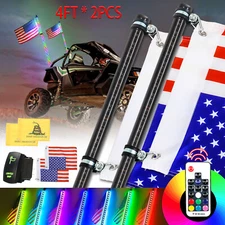 Pair 4FT RGB Spiral LED Whip Lights Antenna w/Flag & Remote for ATV UTV Polaris