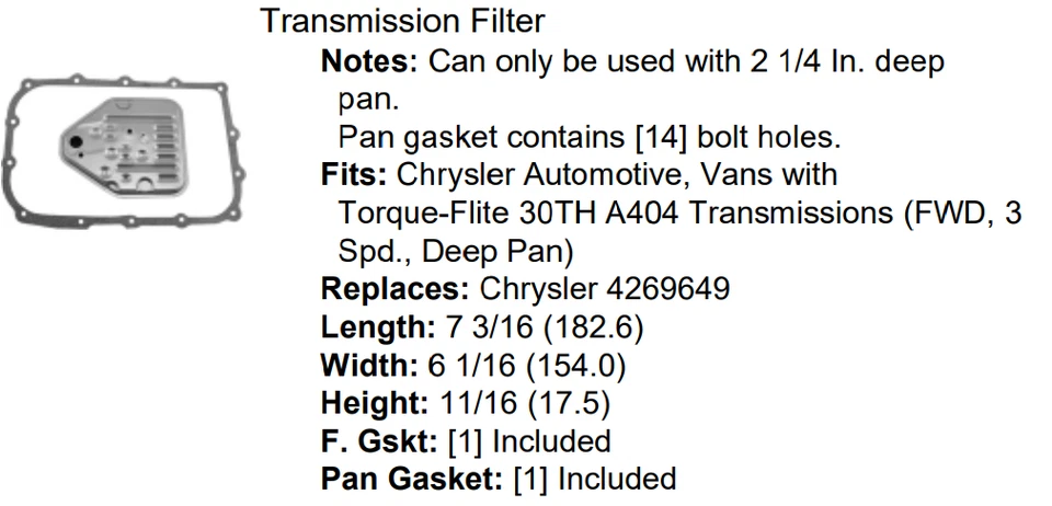 Filtro de transmisión Hastings para vehículos Chrysler 82-07 TF64 (ver descripción) Foto 2 de 3