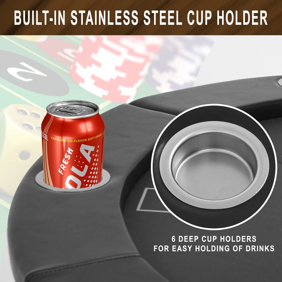 Round Poker Table 6 Player Texas Holdem Game Folding Casino Cup Holder Round 46" - Image 2 of 4