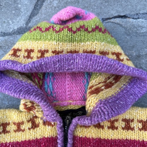 Girls 4 Handmade Wool Knit Hoodie Jacket Colorful Zip Up Sweater Boho - Picture 2 of 6