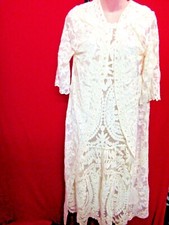 Exquisite Vtg White Crochet Lace Wedding Dress Ruffle Hem  Open Front Coat Med