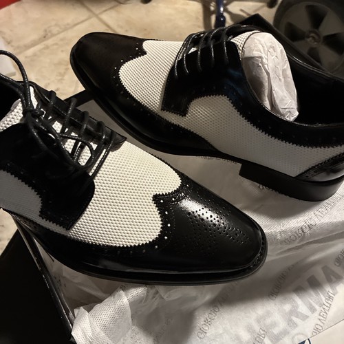 Men’s Black And White Leather Wing Tip Size9.5 Spats New In Box - Picture 4 of 12