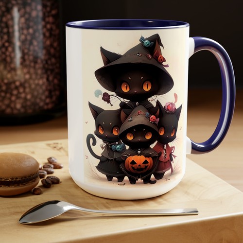 15oz Two-Tone Coffee Mugs Witching You A Fun Halloween Black Cat Anime Cartoon - Picture 17 of 26