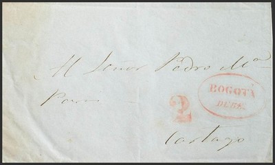 Colombia. Prefilatelia. SOBRE 1846. BOGOTA a CARTAGO. Marca BOGOTA / DEBE, en r