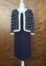 Nicolette 2 Piece Jacket Sheath Dress Set Womens 8 Navy Polka Dots Vintage EUC