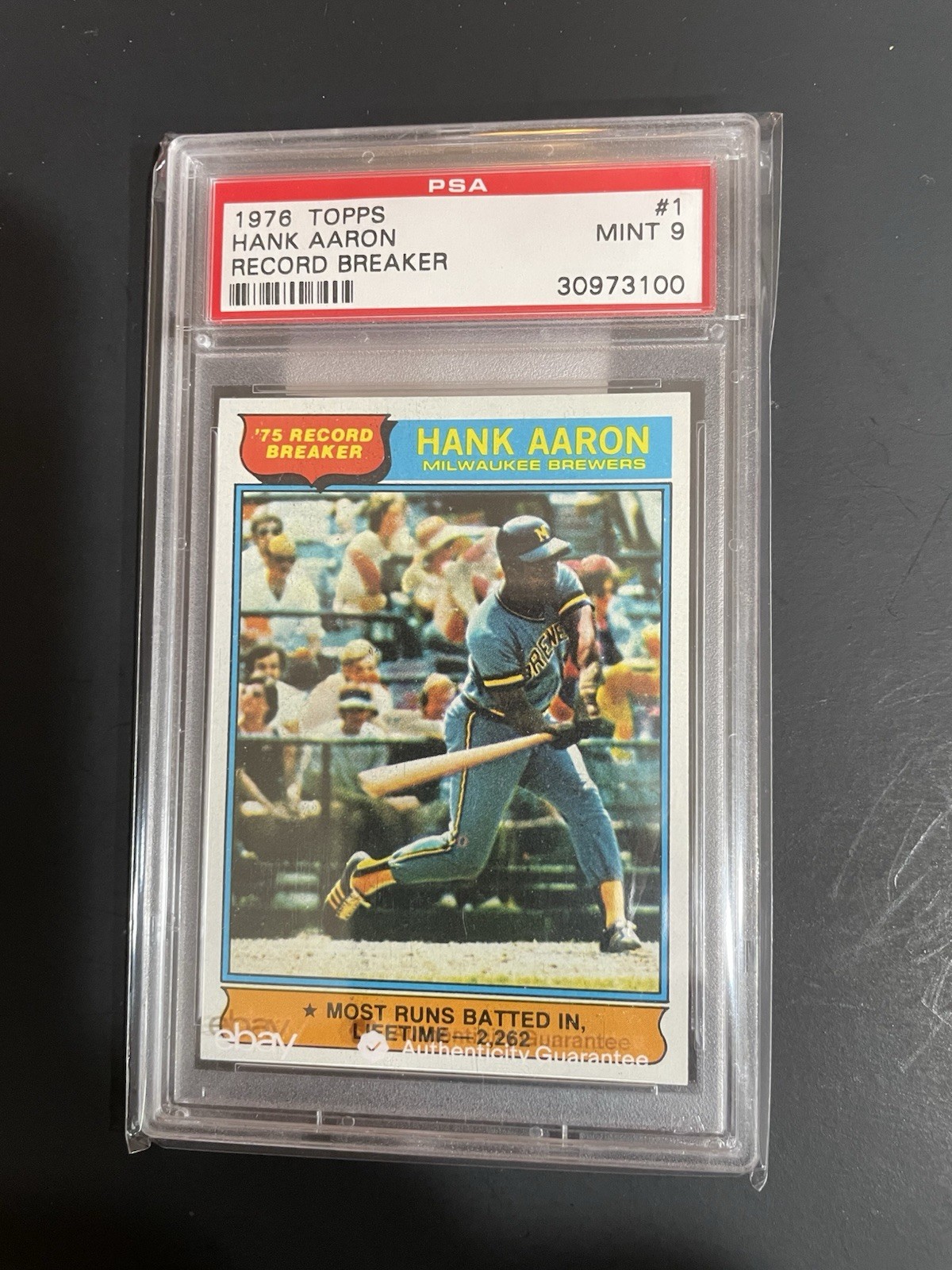 1976 TOPPS HANK AARON RECORD BREAKER, #1, PSA 9, HOF (Free Shipping On Any 3!)