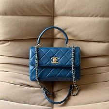 Chanel Small CC Trendy Top Handle Flap Bag Blue Quilted Leather Gold Hardware