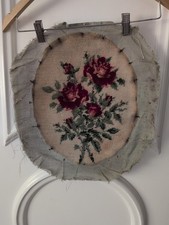 Vtg Completed Needlepoint Petit Point Floral Roses 40s Soiled