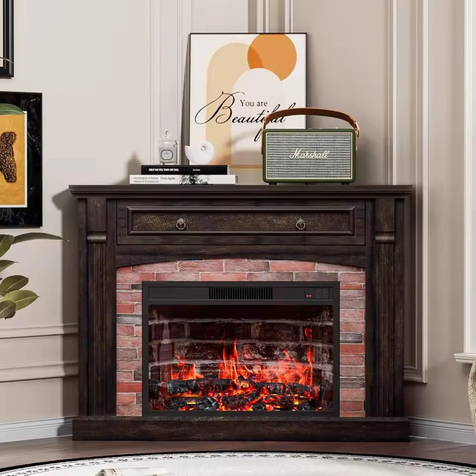 Camino Elettrico Angolare con Struttura in Legno e Fiamma Regolabile Luminosità TV - Immagine 3 di 4