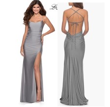 La Femme Size 4 Silver Gray Tie Back Satin Maxi Cocktail Prom Gown Dress Slit