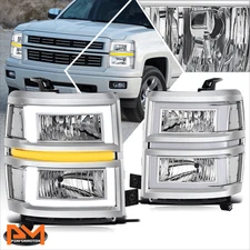 For 14-15 Silverado 1500 Square LED DRL Sequential Turn Headlights Chrome/Clear