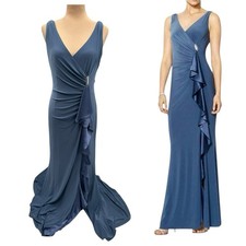 Lauren Ralph Lauren Blue Evening Gown US 6 Draped Ruffle Trim Maxi Dress Formal