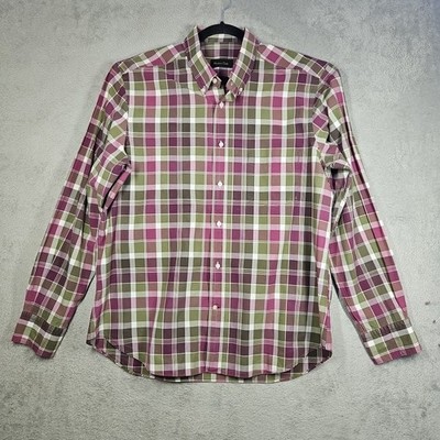 Massimo Dutti White Eggplant Plum Olive Green Plaid Long Slv Dress Shirt Sz XXL