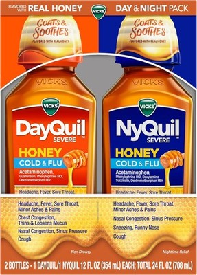 VICKS DayQuil & NyQuil SEVERE Honey Flavor Co-Pack, Cold & Flu Medicine, 2x12oz