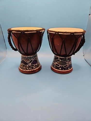Hand Carved Mini Djembe Drums Solid Wood Hand Painted Lot Of 2