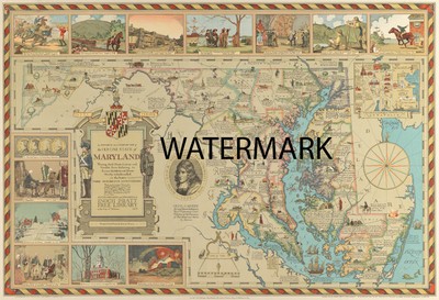 1931 Historical Literary Map 24x34 MARYLAND Enoch Pratt Library REPRODUCTION