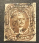 SCOTT #30A USED 1859 TYPE II BROWN  THOMAS JEFFERSON  HORRIBLE FILLER CV $375.00