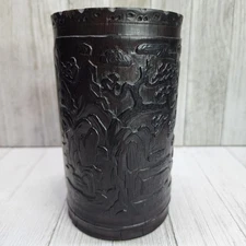 Vtg Oriental Natural Bamboo Wood Carved Brush Pot Bonsai Tree/Bamboo Design 6" T