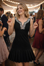 Black Sleeveless Dress with Beaded Art Deco-Style Neckline and Pleated Hem