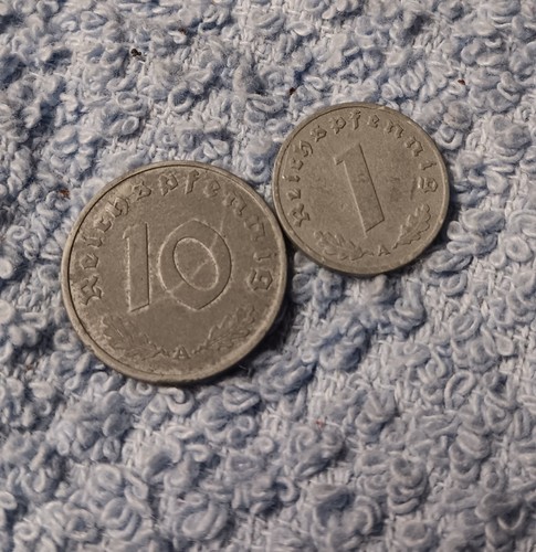 Damaged WW2 German 1 & 10 Reichspfennig , 1942 WWII Era Circulated Coins - Picture 2 of 20