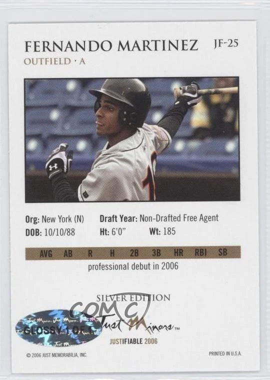 2006 Just Minors Justifiable Silver Glossy 1/1 Fernando Martinez #JF-25 h3a - Image 2 of 3