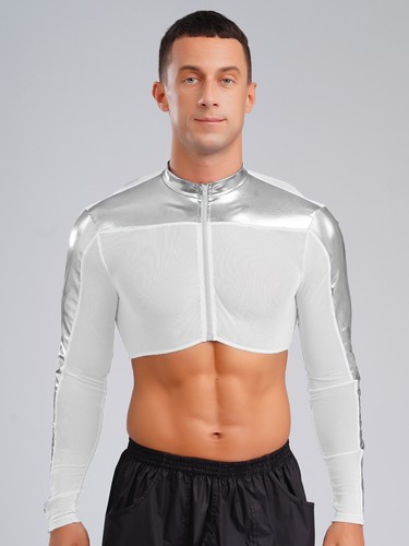 Men's Shiny Metallic Patchwork Mesh Crop Top Long Sleeve Half Shirts Club Party - Picture 45 of 75